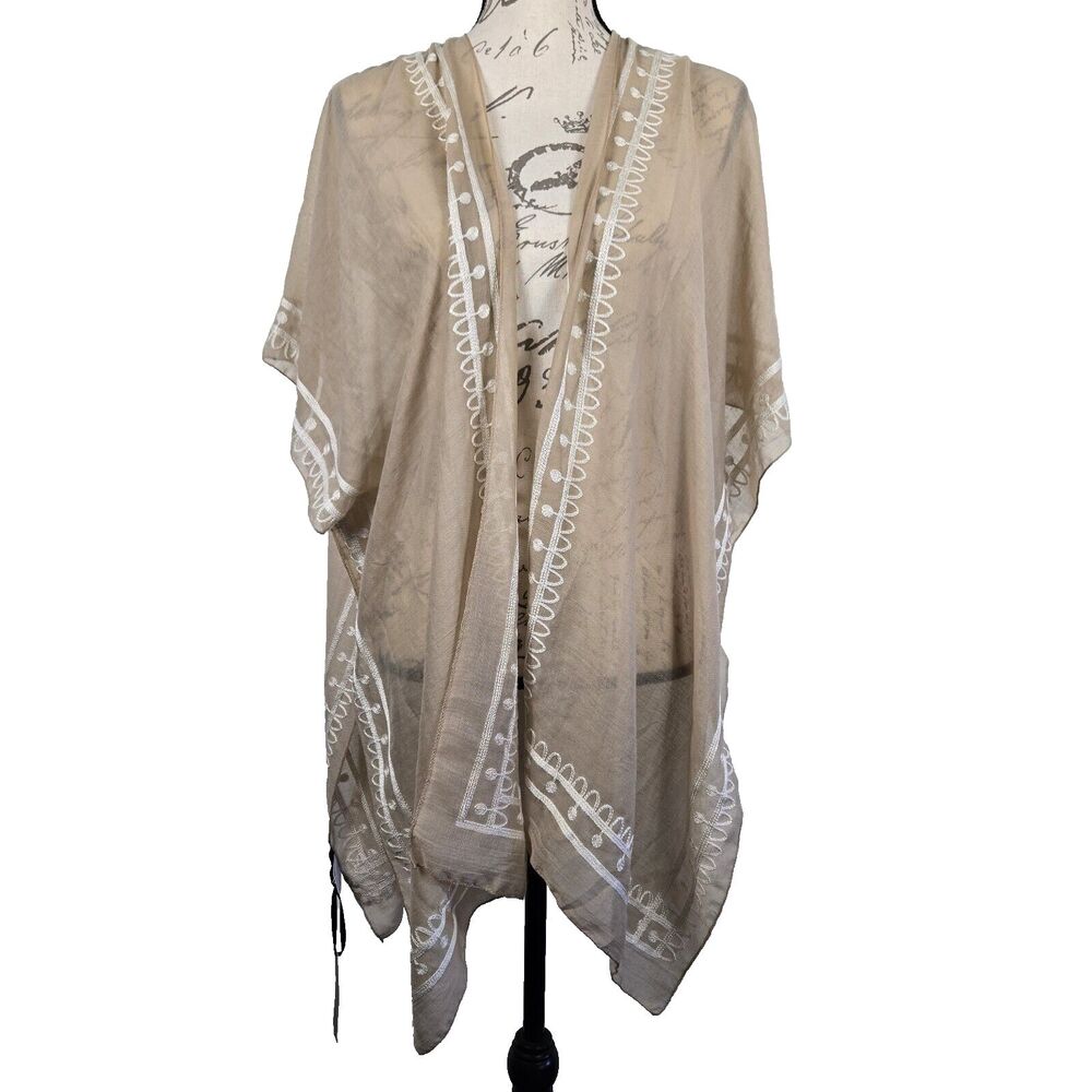 Coco+Carmen One Size Lightweight Shawl Tan‎ Cream Embroidery NWT